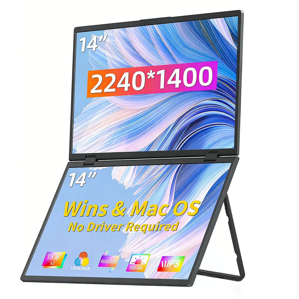 14 Inch Portable Dual Monitor 2240x1400 QHD IPS External Display USB-C & HDMI Plug-and-Play Second Screen Extender For Laptop
