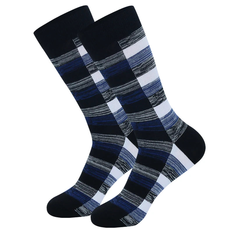 5 Pairs Mens Dress Socks stripe Plus Size，High Quality Combed Cotton Crew Socks，Black Cool Breathable Casual Socks for men