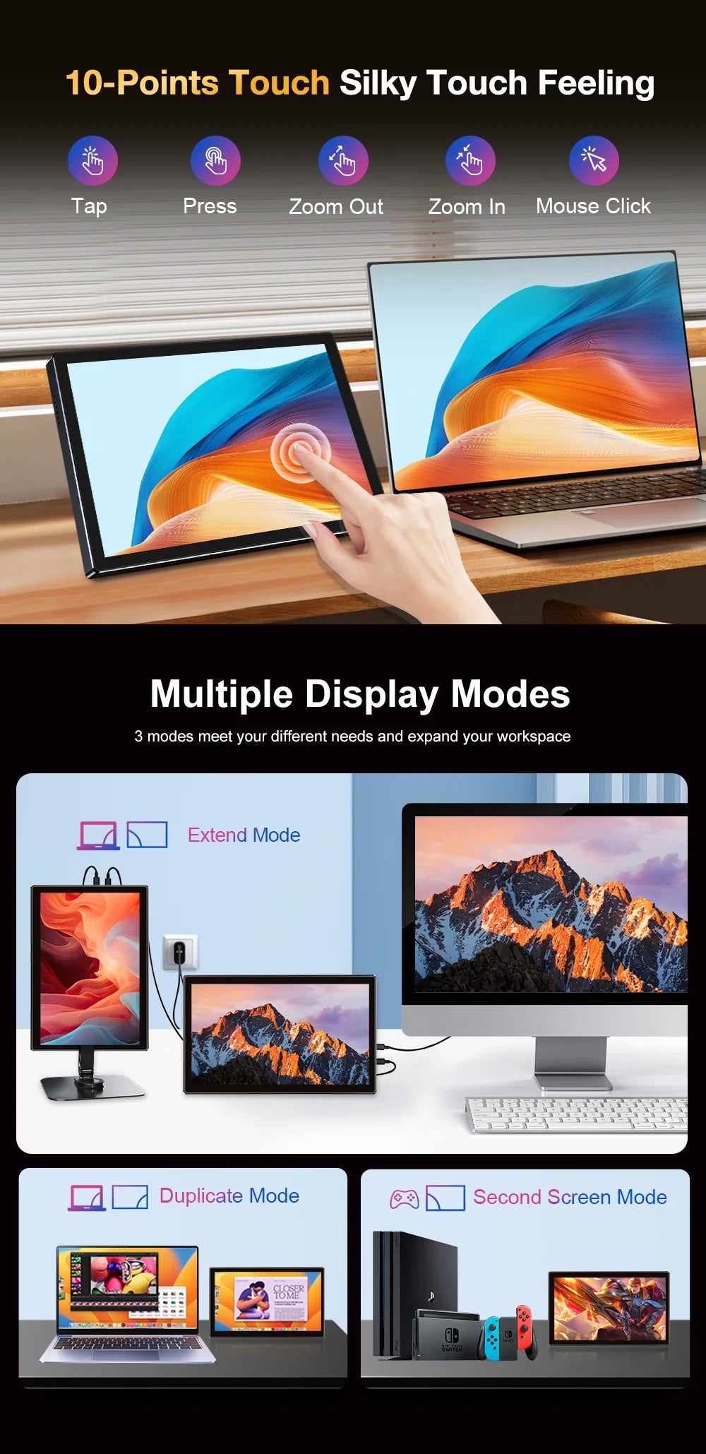 Unew 11 inch Portable Touch Monitor | 2.5K IPS, WQXGA, 350cd 92% NTSC USB-C/HDMI, VESA 75x75mm & Stand, For Mobile Phones Laptop