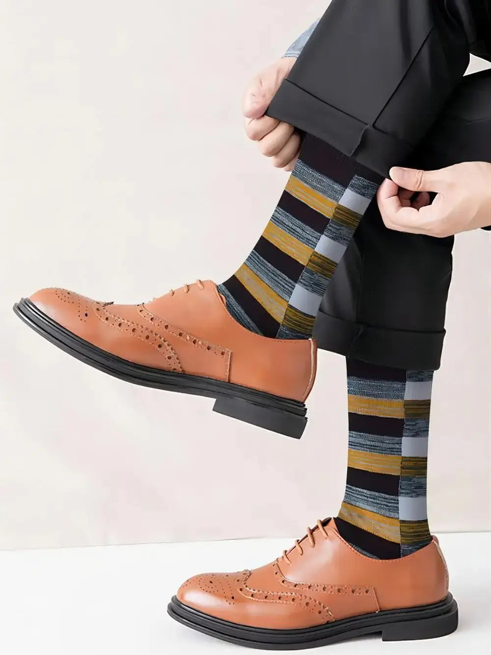 5 Pairs Mens Dress Socks stripe Plus Size，High Quality Combed Cotton Crew Socks，Black Cool Breathable Casual Socks for men