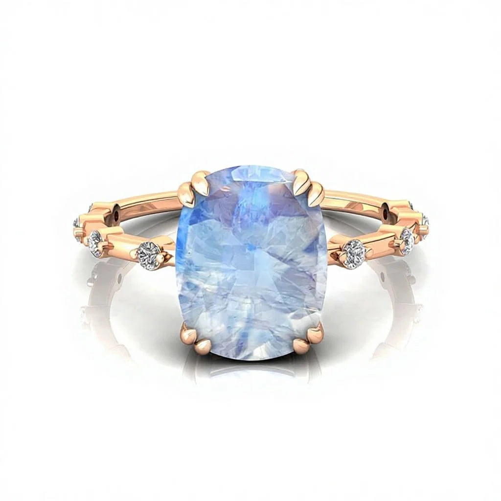 Cushion Cut Rainbow Moonstone Diamond Casual Unisex Wedding Engagement Ring 14k Gold June Birthstone Prong Setting