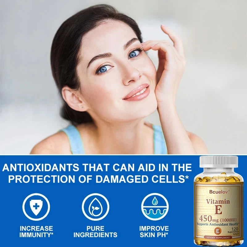 Bcuelov Vitamin E 1000 IU 450mg - for skin, hair, circulatory health, immune system support - antioxidant supplement