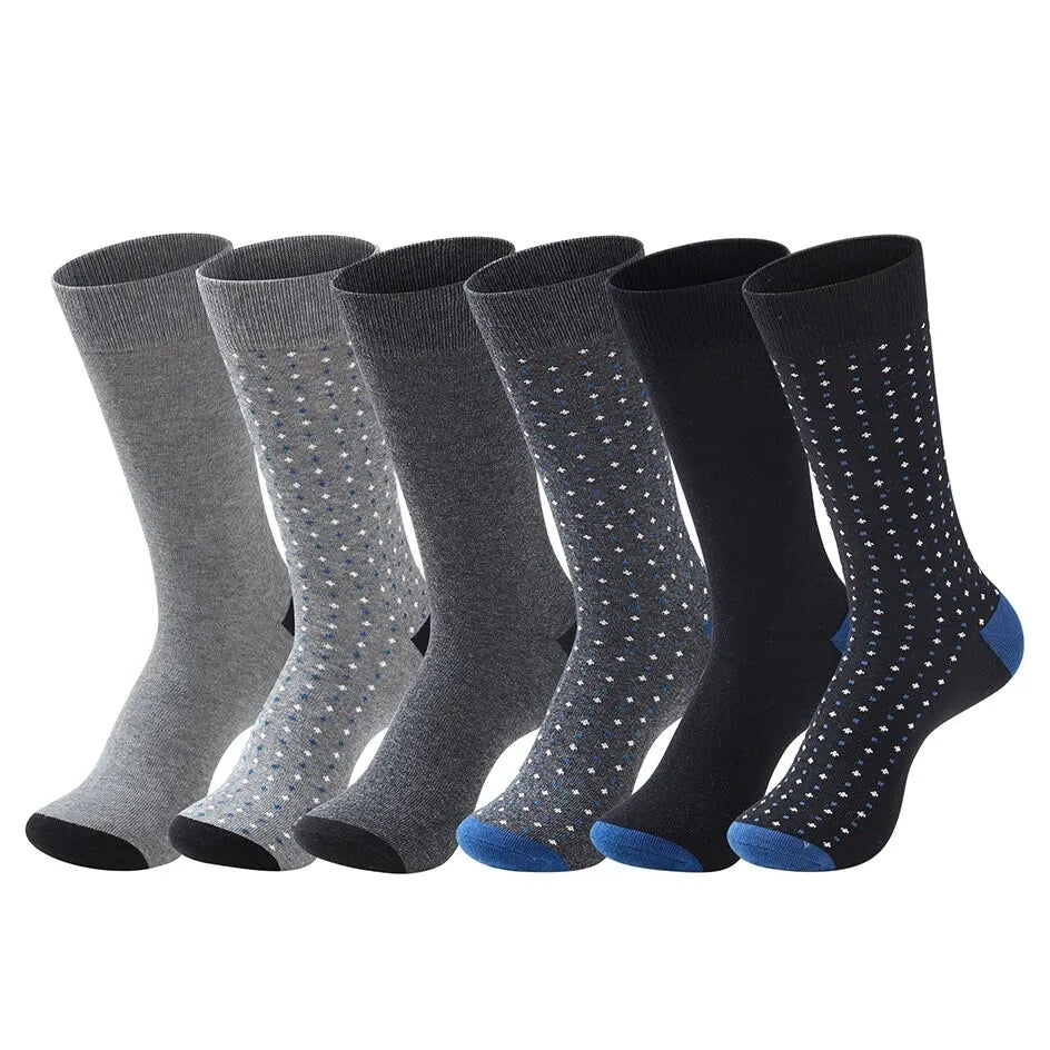 6 Pairs Men Dress Socks High Quality Cotton Business Casual Soft Brand Fashion Design Blue Dots Pattern Plus Size Long Male Sock
