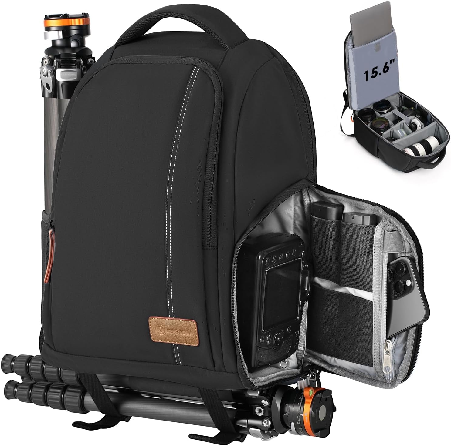 Camera Backpack for Photographers - Compact 15L Camera Bag with 15.6 Inch Laptop Compartment - Side Access Quick Draw - Anti-Theft Hidden Pocket Tripod Holder Rain Cover - TB04 Black
