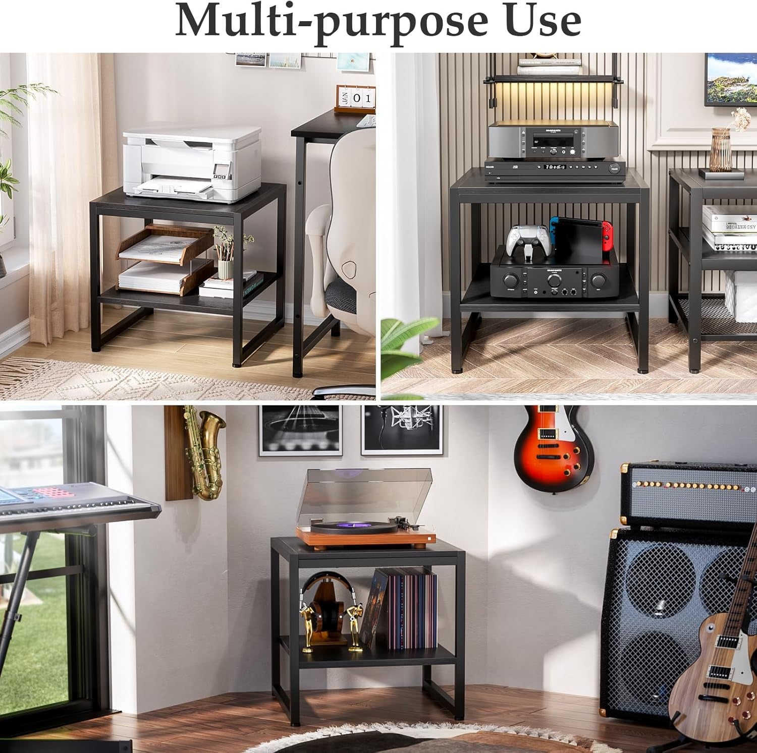 End Table, 20 Inch Square End Table, Mini Fridge Stand with 2-Tier Storage Shelves, Industrial Wood Side Table Small Table Stand for Living Room, Bedroom, Office, Black