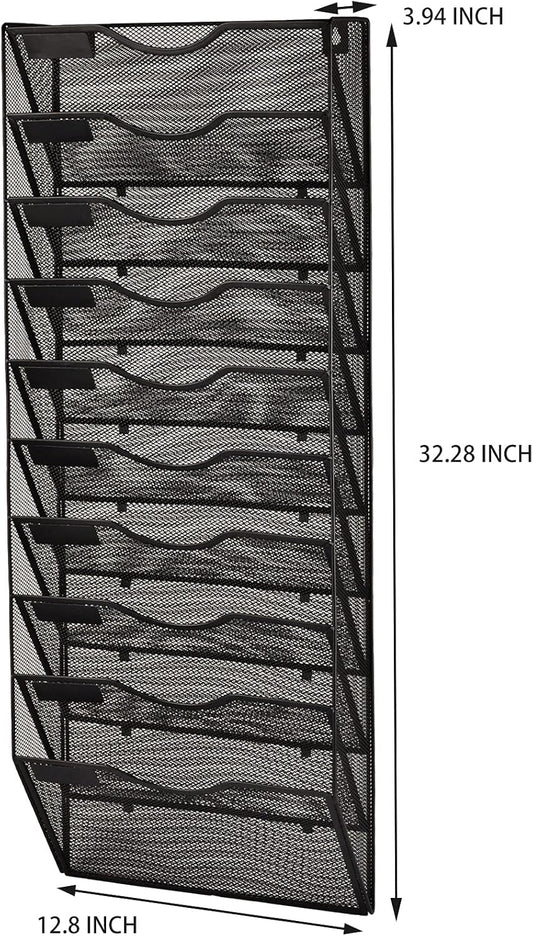 10 Pocket Mesh Hanging Wall File Organizer, Wall Mounted Mail Paper Document Folder Holder, Clipboard Storage Organization Magazine Rack with Nametag Label for Office Home School, Black